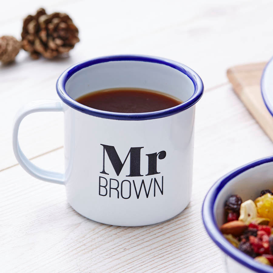 Personalised Enamel Mr And Mrs Mug