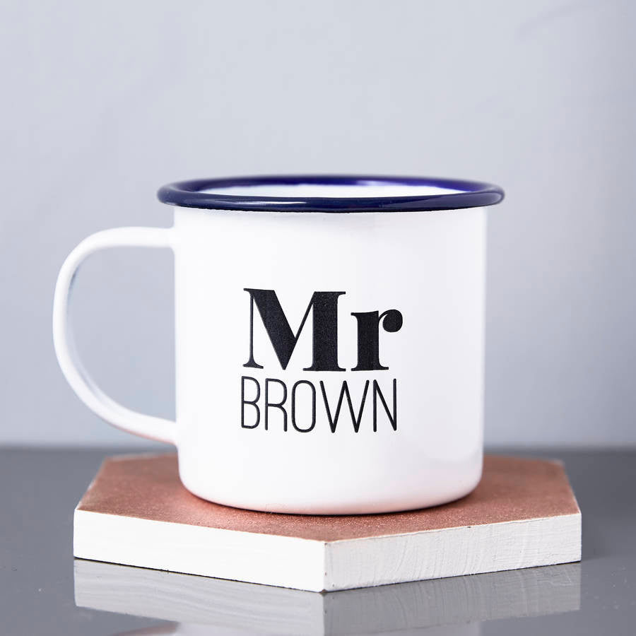 Personalised Enamel Mr And Mrs Mug