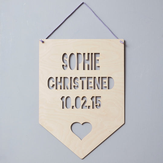 Personalised Christening Heart Hanging Wooden Flag