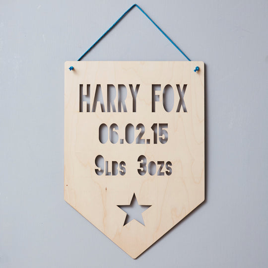 Personalised Baby Keepsake Star Hanging Wooden Flag