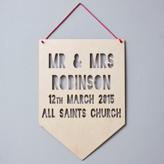 Personalised Wedding Keepsake Hanging Wooden Flag