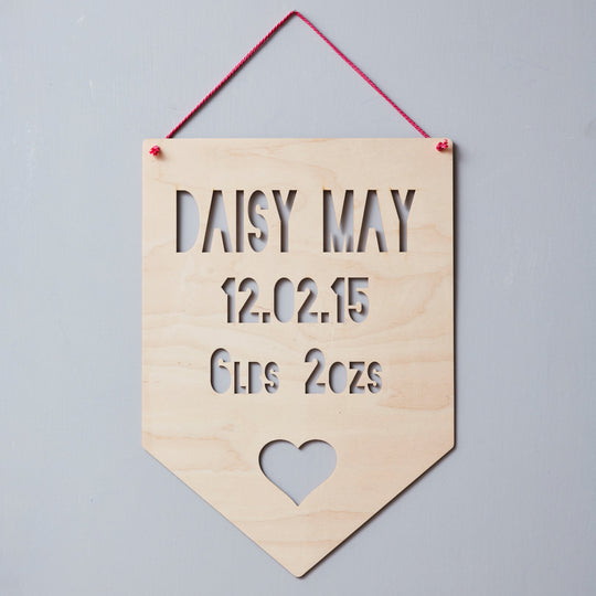 Personalised Baby Keepsake Heart Hanging Wooden Flag