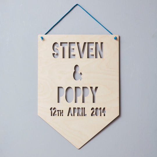 Personalised Couples Keepsake Hanging Wooden Flag