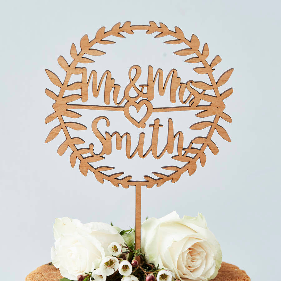 Personalised Laurel Wooden Wedding Cake Topper