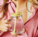 Coloured Gingham Mason Jar With Reusable Straw