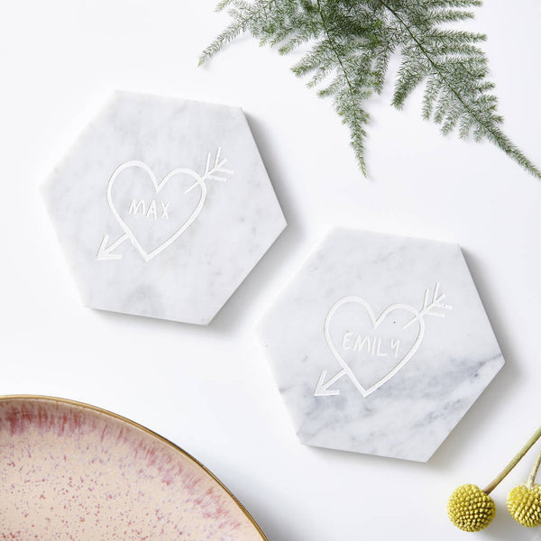 Couples Carved Heart Personalised Marble Coaster