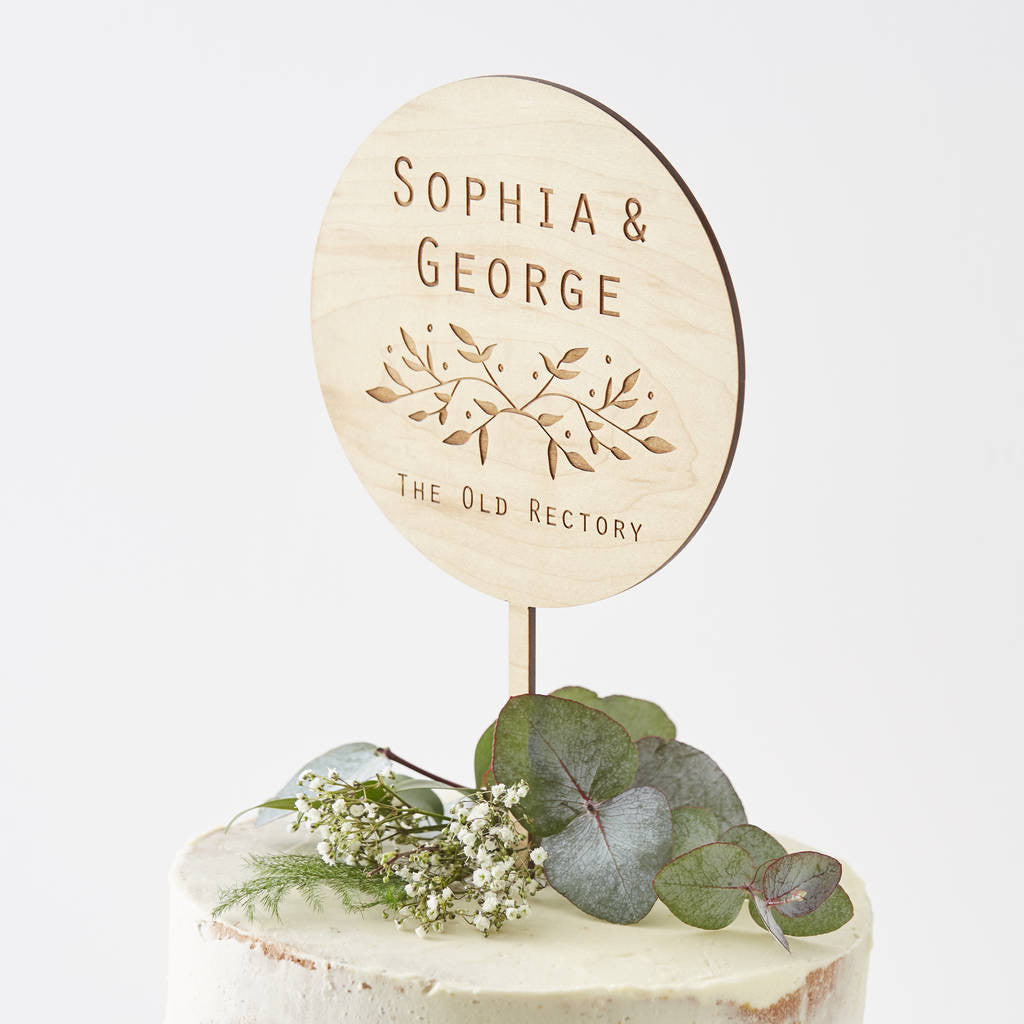 Engraved Botanical Personalised Wedding Cake Topper