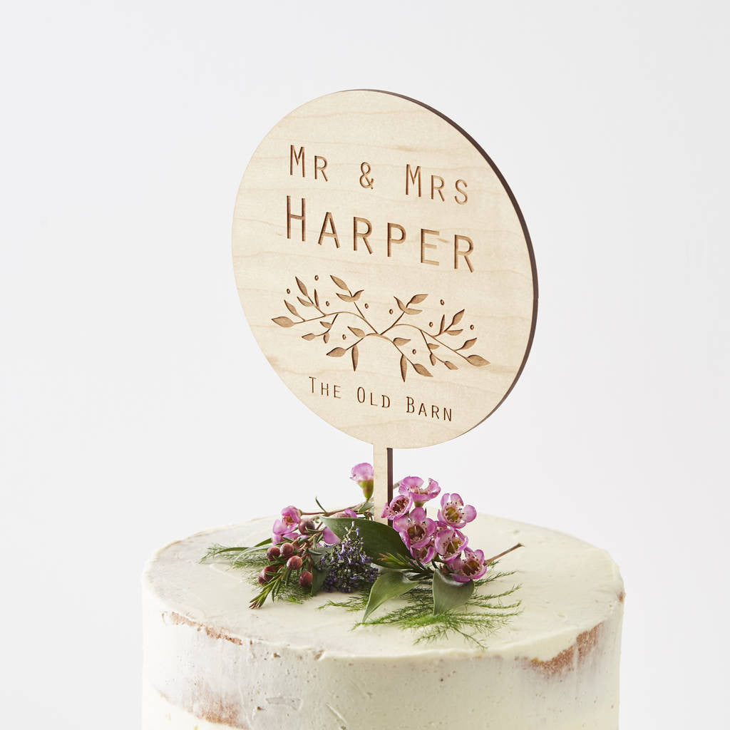 Engraved Botanical Personalised Wedding Cake Topper