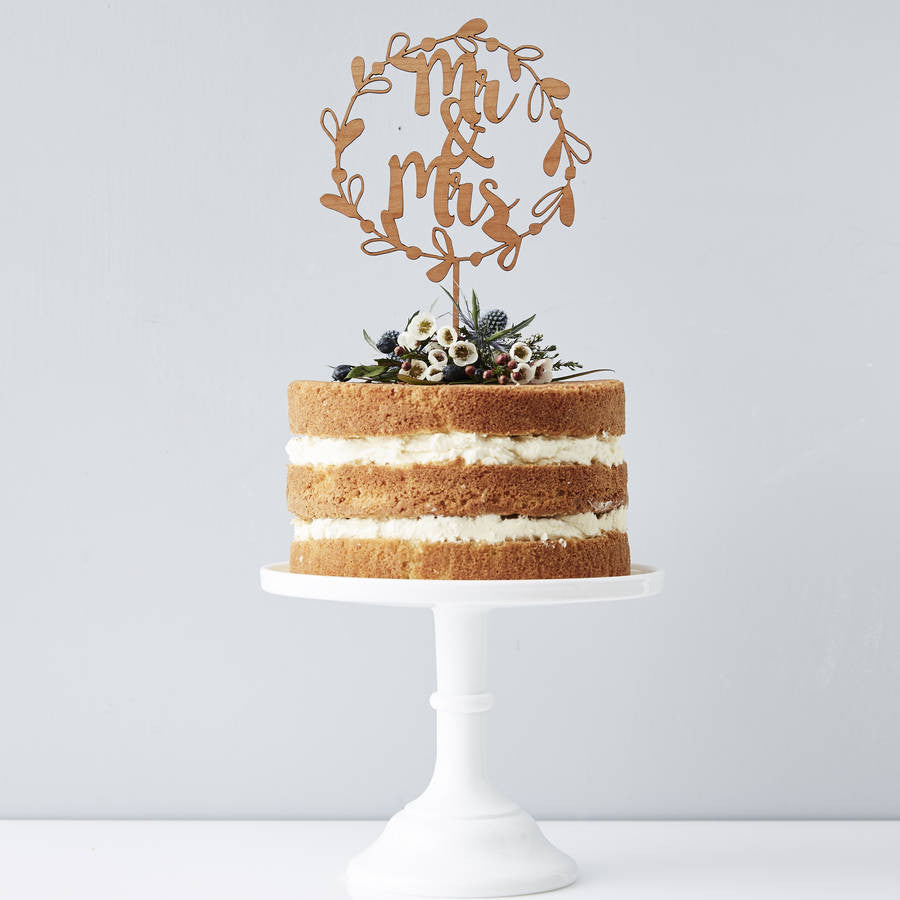Mr And Mrs Floral Wreath Wooden Wedding Cake Topper