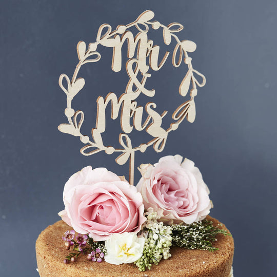 Mr And Mrs Floral Wreath Wooden Wedding Cake Topper