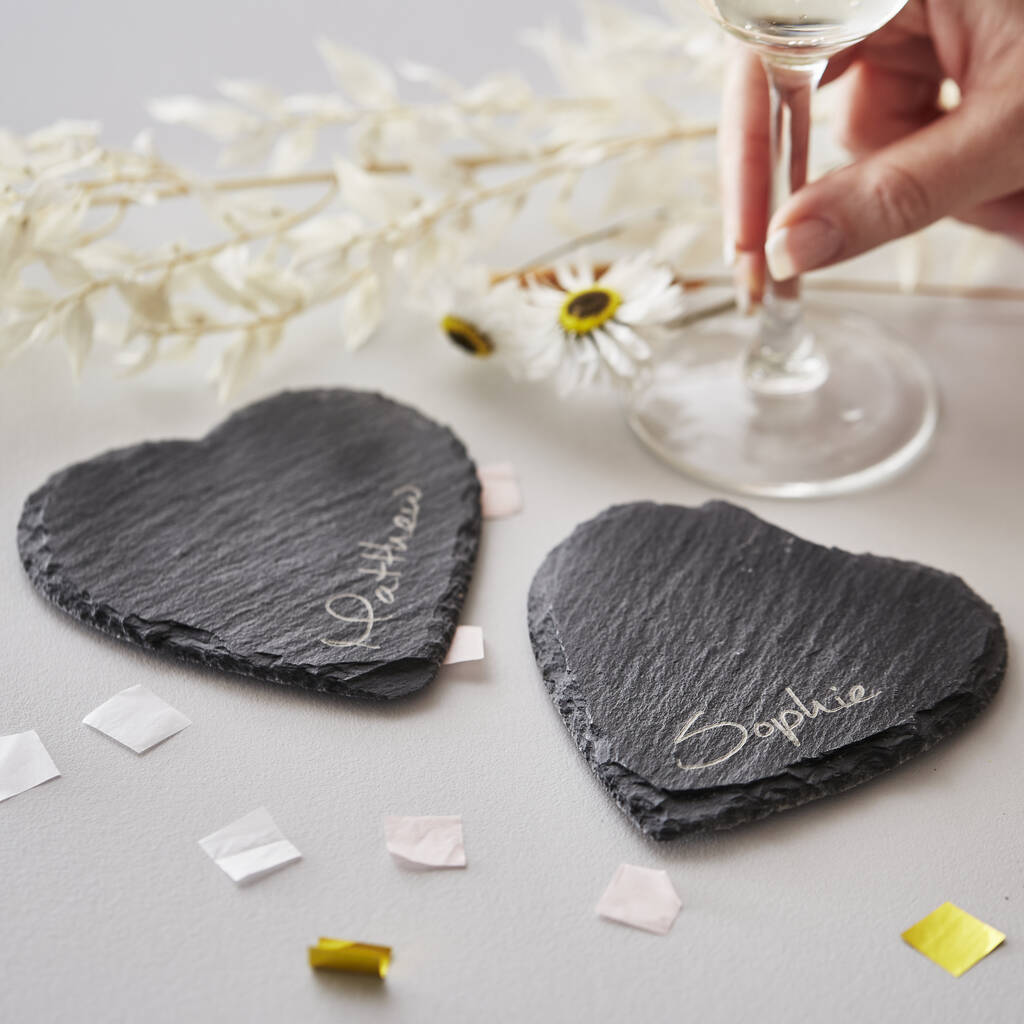 Personalised Couples Heart Slate Coaster Set