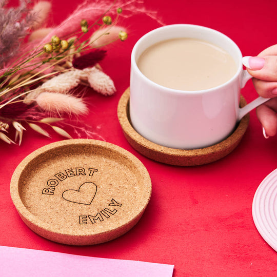 Personalised Set Of Two Cork Heart Coasters