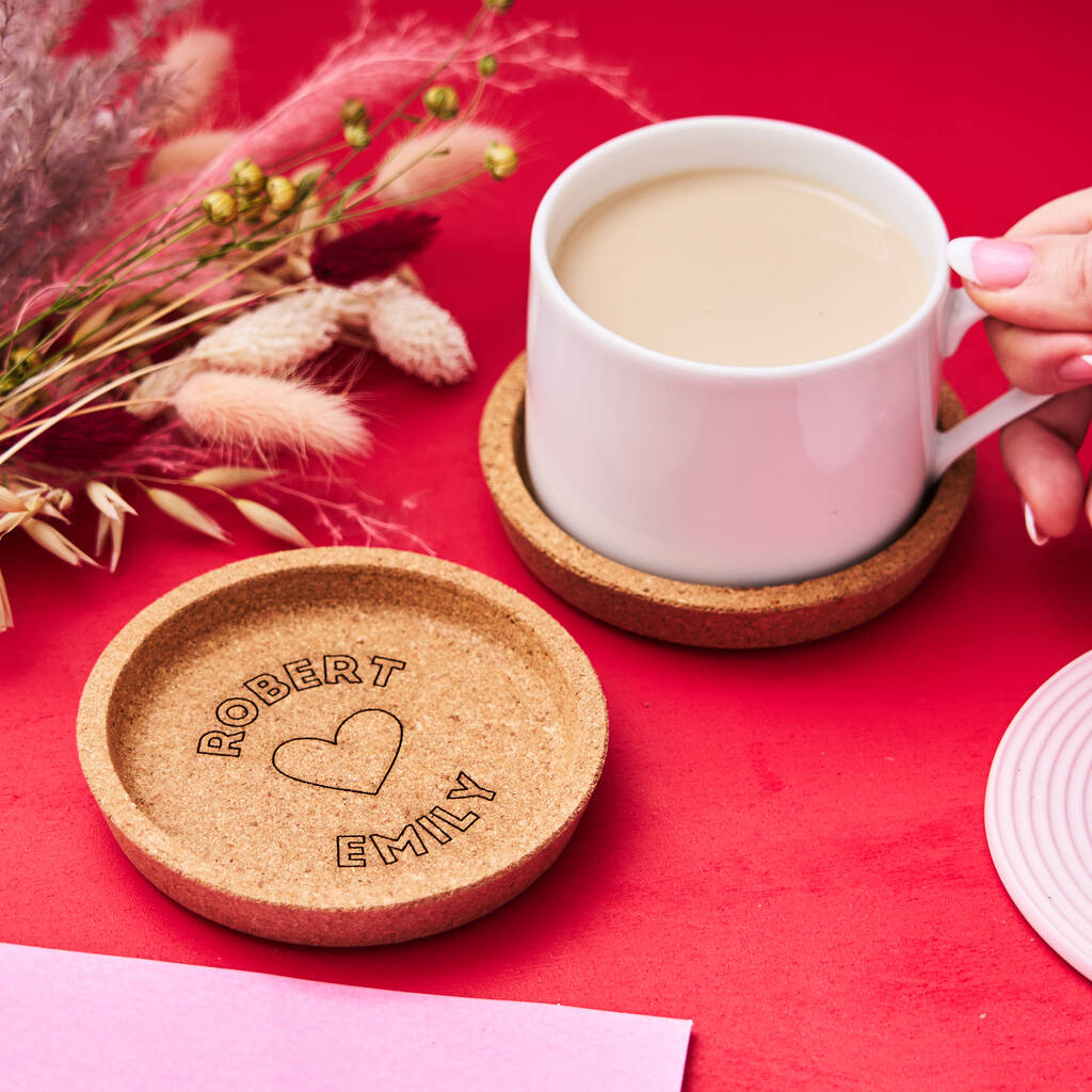 Personalised Set Of Two Cork Heart Coasters