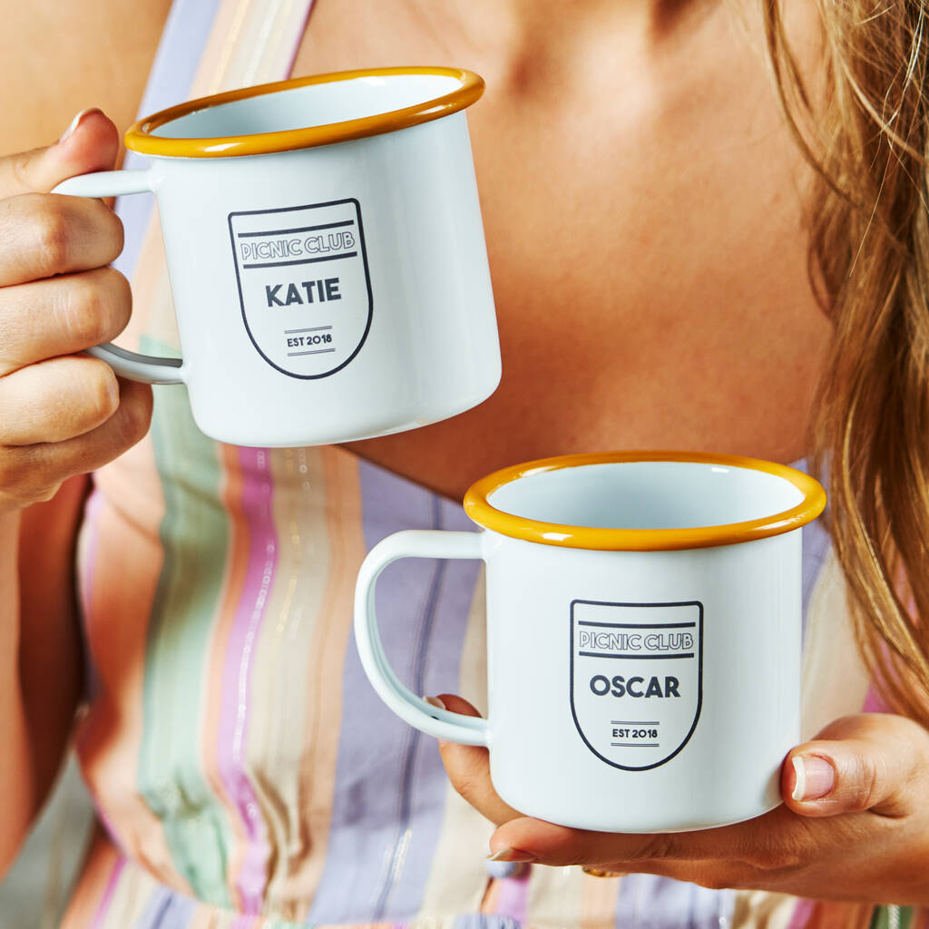 Set Of Two Enamel Personalised Picnic Mugs