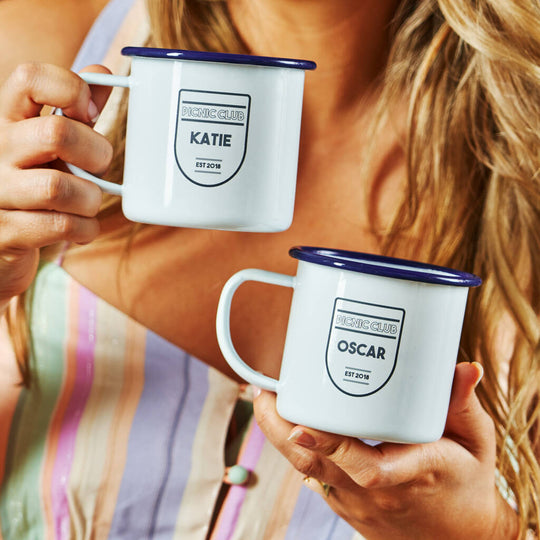 Set Of Two Enamel Personalised Picnic Mugs