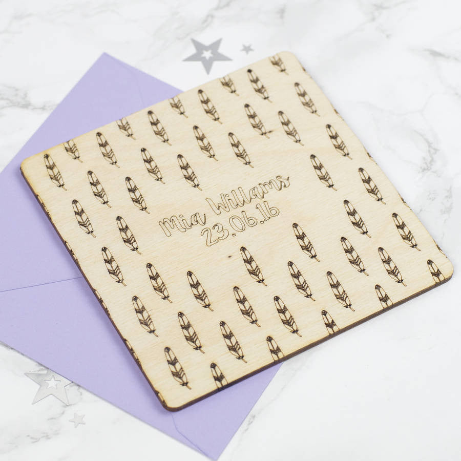 Wooden Feather Personalised Baby Card